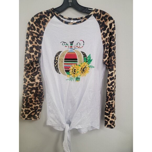 "Leopard Print Raglan Long Sleeve Top With Colorful Pumpkin & Sunflower Design S - Picture 1 of 2